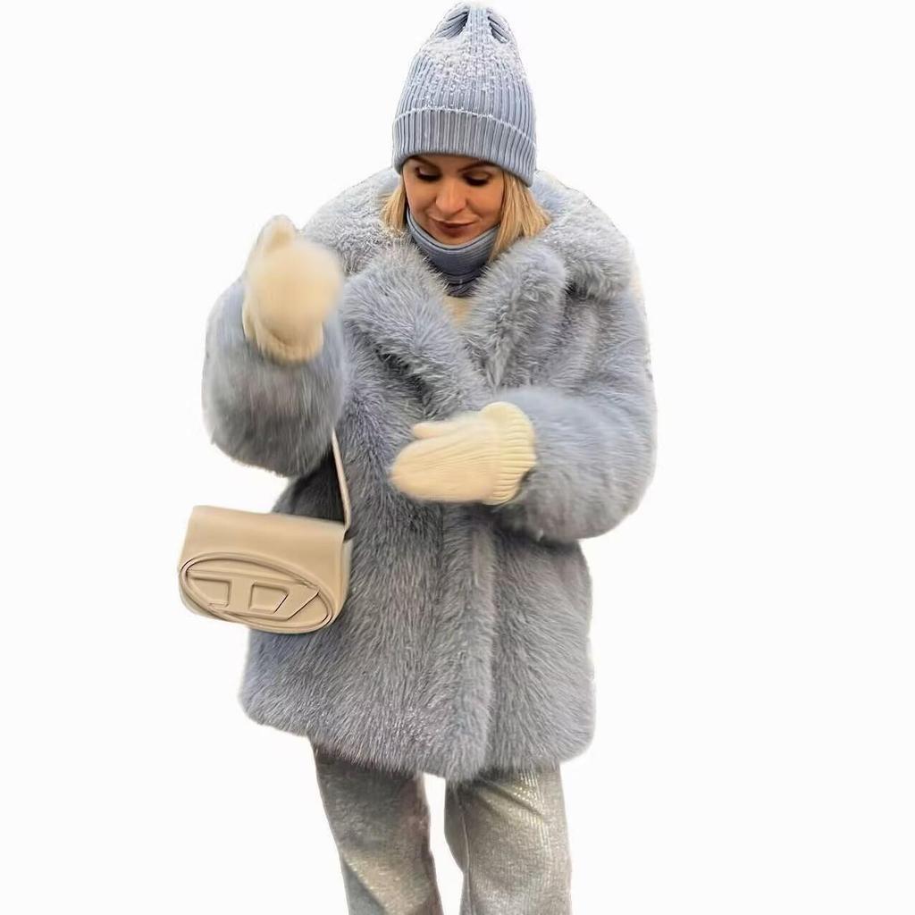 Eco-friendly Faux Fox Fur Mid-length Coat, Thickened Winter 2025 - European/American Style