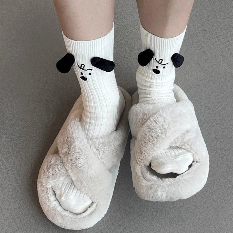 

Женские носки до середины икры в японском стиле с 3D кукольными ушками щенка, черные в полоску - Универсальный присборенный дизайн для весны/лета One Size