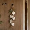 Anniversary Gift for Couple Farmhouse Hanging Heart Wall Decor with 5 Layer Wooden Hearts, Vintage Boho Wood Natural Accent Trinket Shelf Art