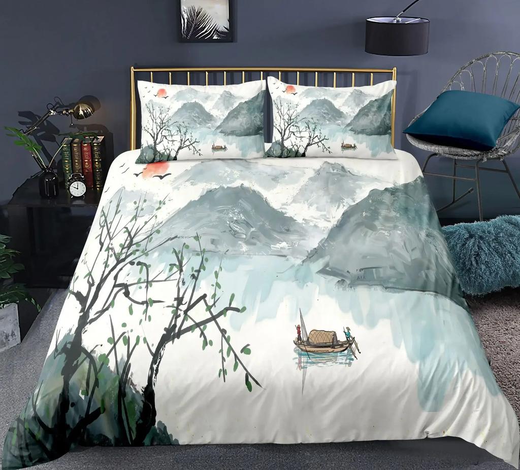 Nature Landscape Duvet Cover King/Queen Size,Chinese Ink Painting Style Bedding Set Mountain River 2/3Pcs Polyester Quilt Cover