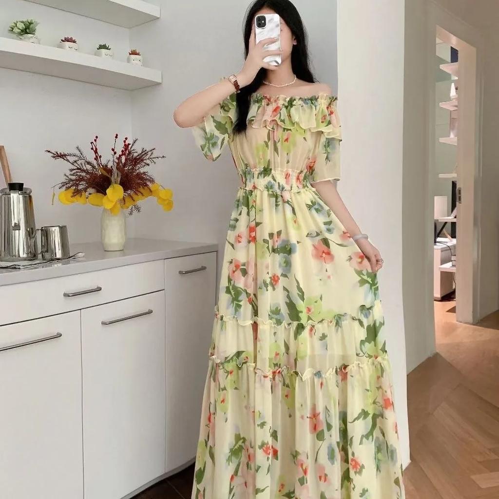 One Shoulder Off Shoulder A-line Ruffled Floral Chiffon Dress Summer Women's Slim Beach Vacation Beach Long Dresses