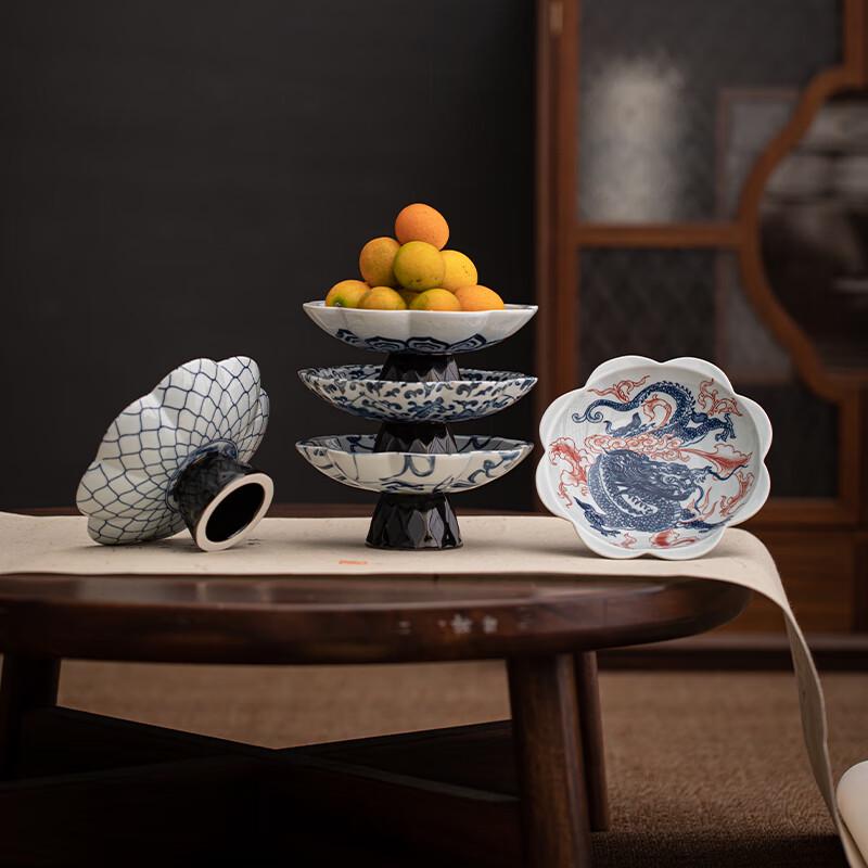 Retro Blue and White Ceramic High-Foot Snack Plate