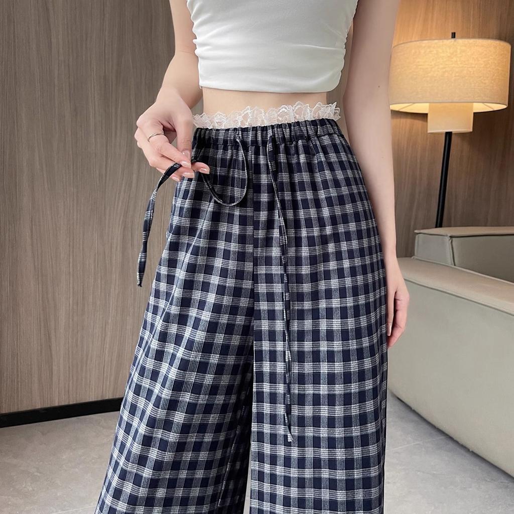 Korean Lace Plaid Casual Pants for Women In Summer Loose Wide-leg Pants for Slim High Waist Straight Floor Trousers
