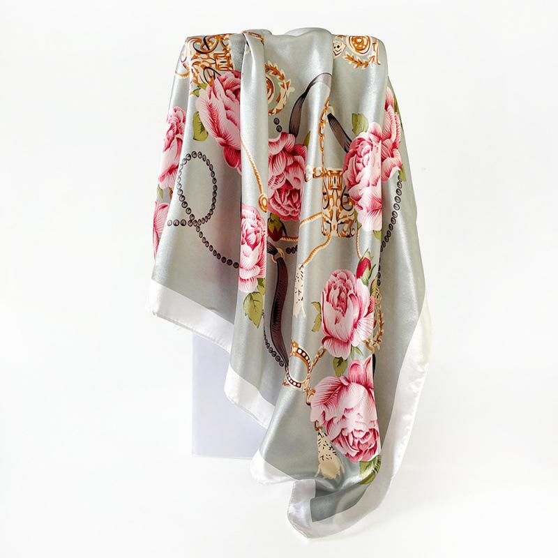 90cm Satin Headscarf: Classic Floral Print Large Scarf for Women 90x90cm