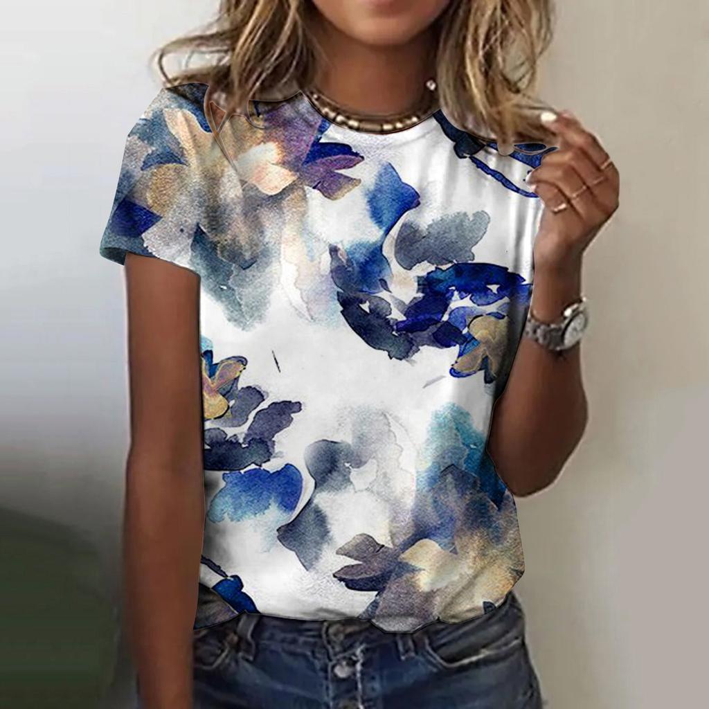 Letní dámské tričko s kulatým výstřihem, 3D květinovým vícebarevným gradientním potiskem, módní, ležérní, s krátkým rukávem