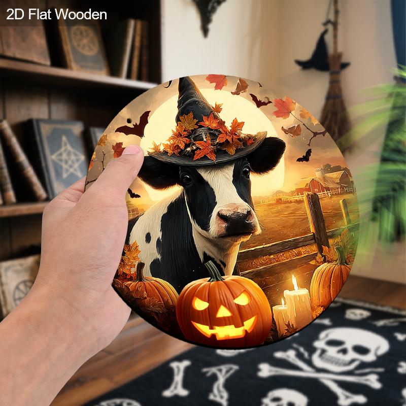 Wooden Halloween Sign with Cow & Pumpkin Pattern - Unique Figurine Ornaments - Ideal for Front Door, Farm, Porch Decor