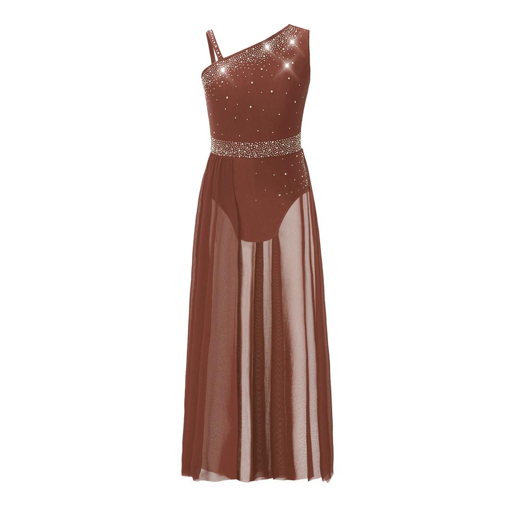 Girls Glittery Lyrical Dance Costume Colorful Rhinestones Asymmetrical Shoulder Sleeveless Sheer Mesh Skirted Leotard