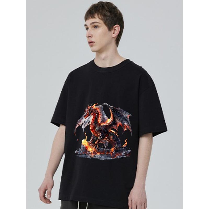 Black T Shirt with Fire Dragon Print for Casual Wear