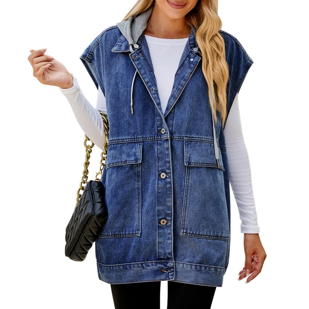 Kvinners uformelle løs vintage denimvest hettejakke
