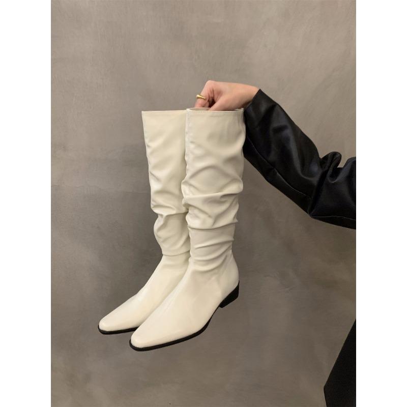 Thick Heel Pleated Stack Long Tube Knight Boots Women's Shoes New Spring and Autumn Western Thin Medium Tube Long Boots