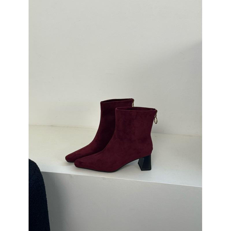 

Fashion short boots women s autumn and winter high heels and bare boots single boots niche design thick heel elastic thick heel thin boots women 40 бордовий