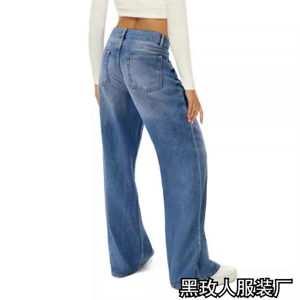 Women's High Waist Straight Leg Loose Fit Long Denim Pants Washed Casual Jeans