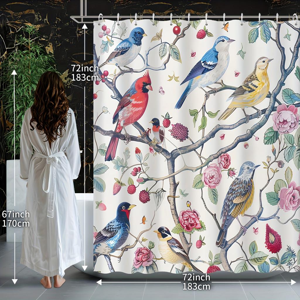 1pcs Chinese Classical Floral Elegant Flower and Bird Painting Shower Curtain Decorative Printed Shower Curtain Polyester Fabric