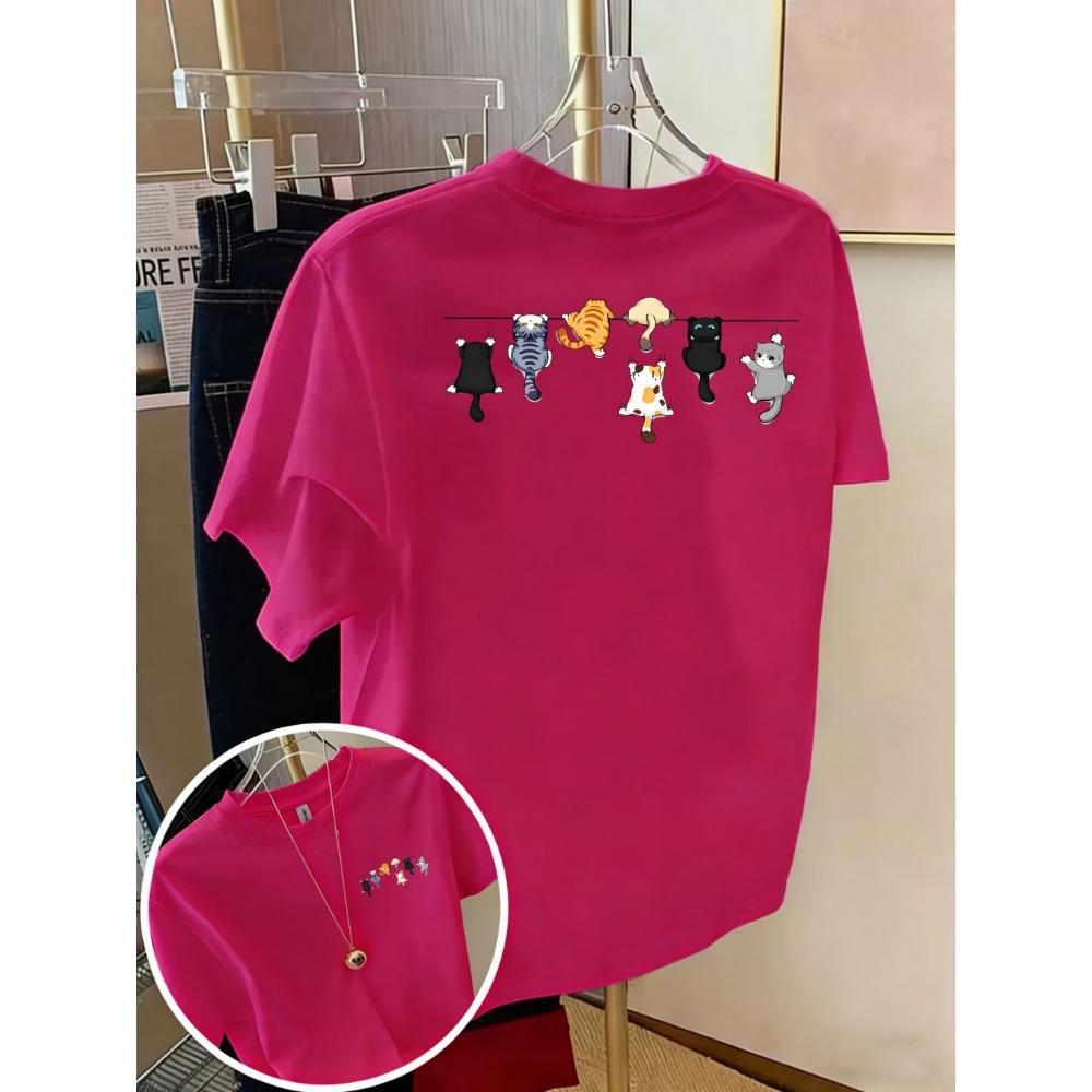 Cartoons Cats Prints T-Shirts Summer Womens Cotton T Shirts Basic O-Neck Oversized Short Sleeve Tops Casual Street Woman Clothes