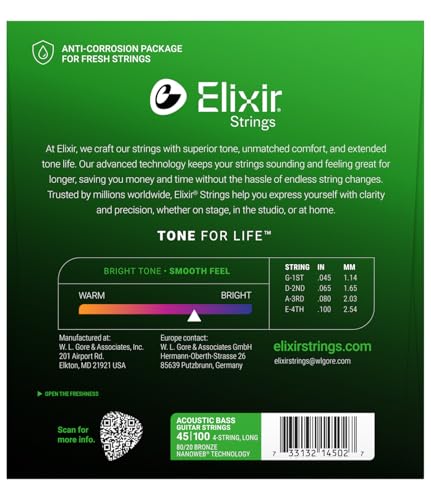 Elixir NANOWEB Light Acoustic Bass Strings, .045-.100, #14502 (Official Japanese Product)