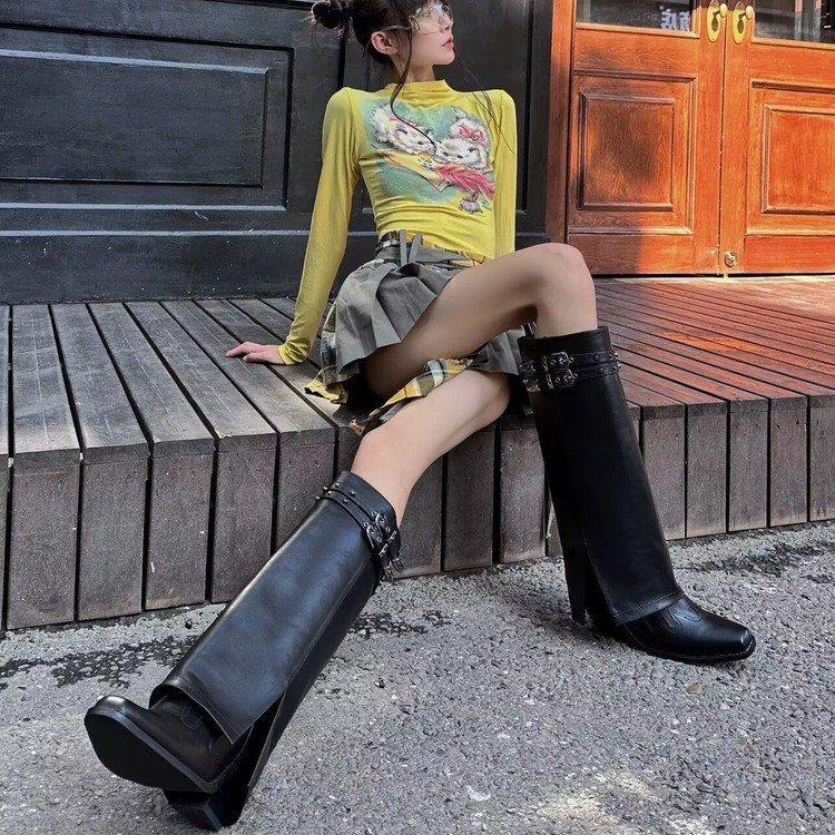 Boots Female Pointed Head Embroidered Western Cowboy Boots Leather Knight Boots High Heel Boots Big Tube Pant Tube Boots Fried Street