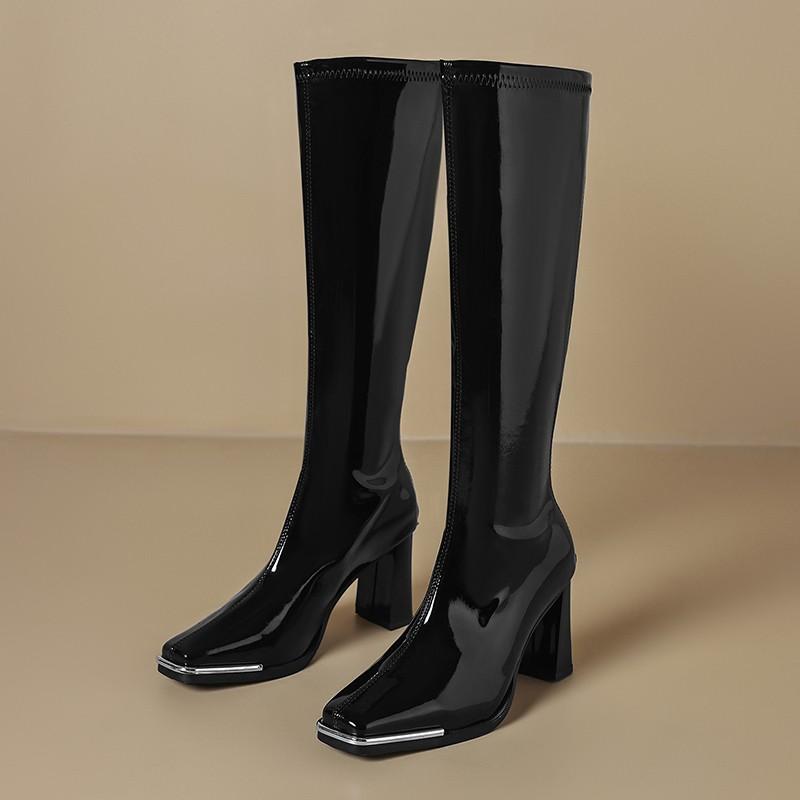 Knee High Boots Autumn New Square Toe Metal Head Guard Patent Leather Back Zip Non-Slip Block Heel Thigh Boots