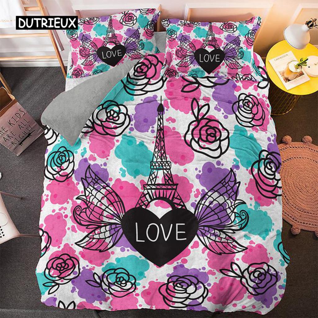 Eiffel Tower Duvet Cover Set Microfiber Paris Theme World Famous Architecture I Love Paris Pattern Bedding Set for Girls Woman