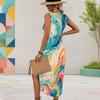 Women Plus Size Sleeveless U Neck Printed Gradient High Side Slit Curved Hem Dress