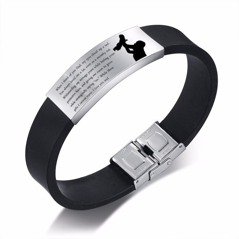 Vnox Father's Day Gift to Dad Soft Silicone Bracelet for Men Adjustable Length Stainless Steel ID Bar Customize Engraving Bangle