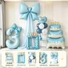 Blue First Birthday Party Decor Set with Bows, Cake Toppers, Number Balloons, and Photography Backdrop