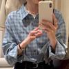 Women's Blue-Gray Plaid Embroidered Lapel Shirt - Korean Style, Relaxed Fit, Soft Brushed, Long Sleeve Layering