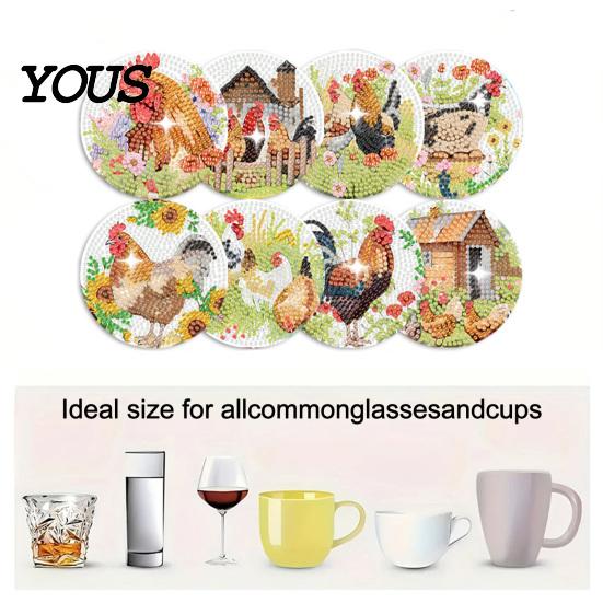 Faux Diamond Art Crafts Coasters Kit, 8 Christmas Round DIY Kit Craft Activities for Family with Holder, Wooden Heat Insulation Pads Drinks