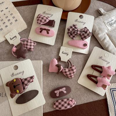 2pcs Pink Coffee Plaid Bow Hair Clip Hairpin Sweet Girl Love Bangs Side Clip Hairpin Children's Hairpin Kids Hair Accessories