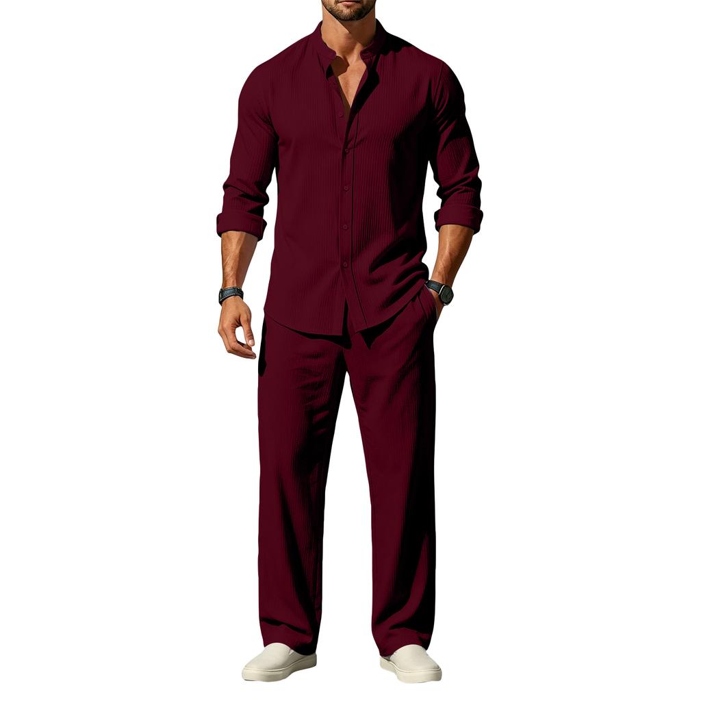 Men's Striped Texture Long Sleeve Shirt and Pants Set for Everyday Wear