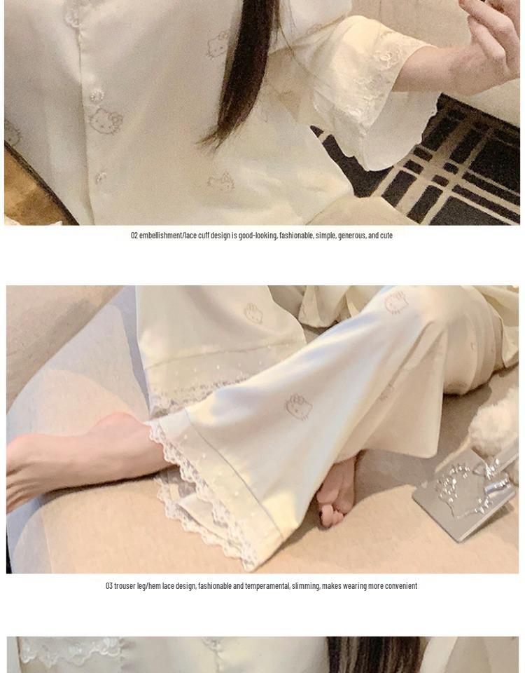 2025 Women's Ice Silk Pajama Set: Cute Kitty, Long-Sleeve for Spring and Autumn