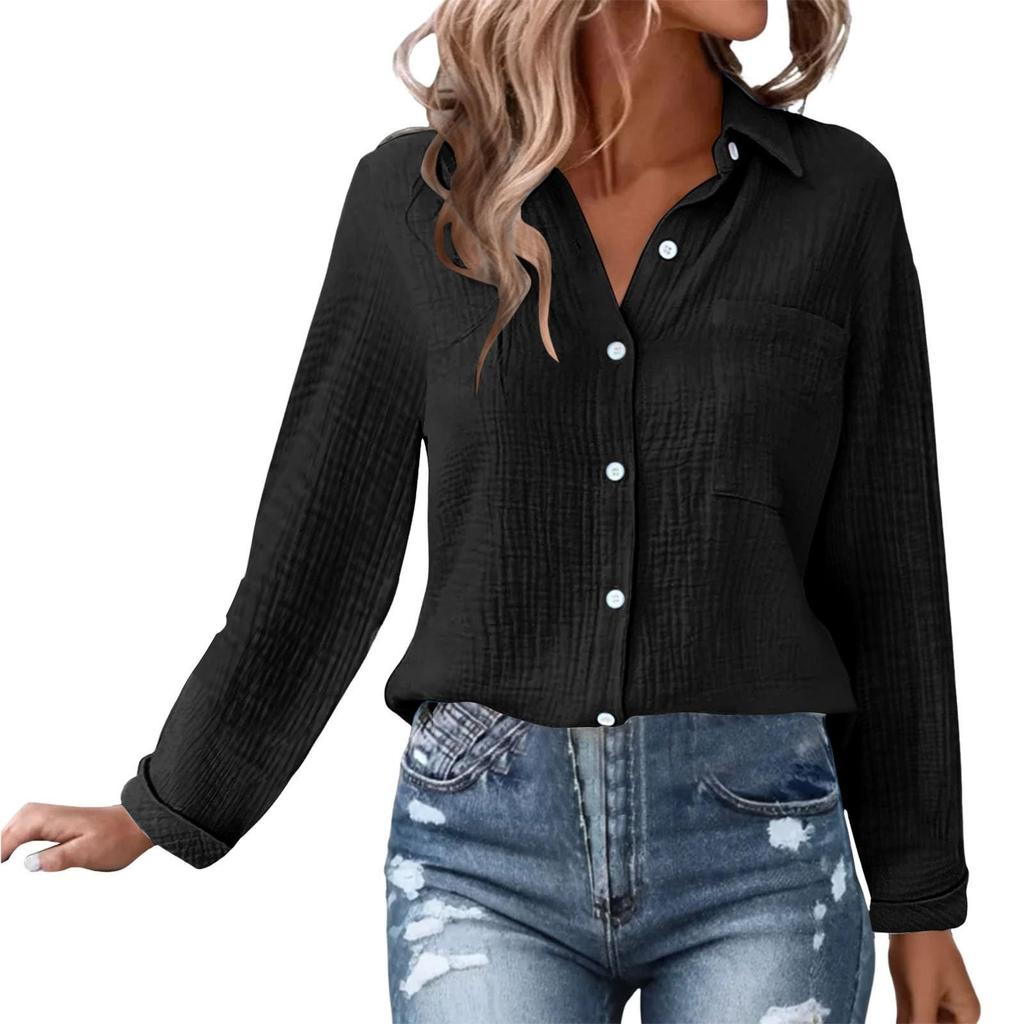 Damen Casual Mode Locker Langarm Stehkragen Einfarbig Leinenhemd