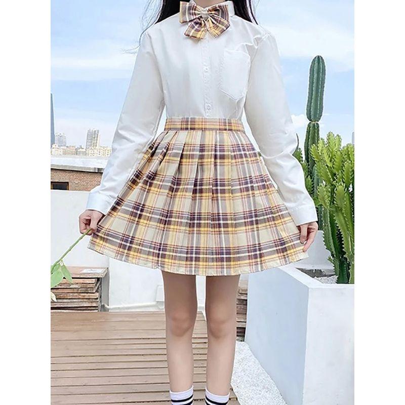 Grid Shaped High Waisted A- line Skirt Plaid High Waist Preppy Style A- line Skirt
