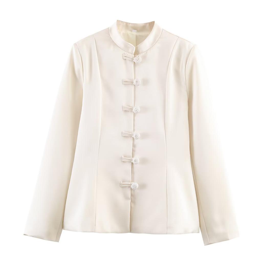 European and American Style, New Women's Clothing, Fashionable, Casual Stand-up Collar Buckle Satin Jacket Waist Jacket