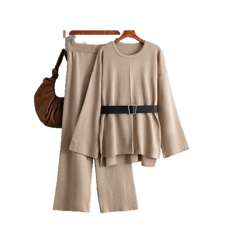 A New Autumn and Winter Fashion Set for Women, Featuring A Knitted Belt Top, Loose High-waisted Wide-leg Pants and Two Pieces
