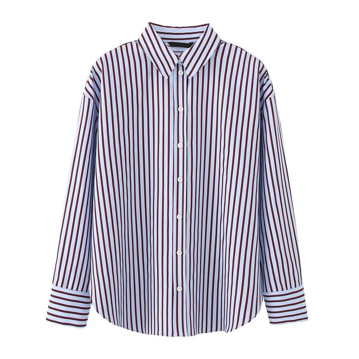 European and American style, new women s clothing, foreign style, fashionable style, long-sleeved lapel casual striped shirt. XS синий