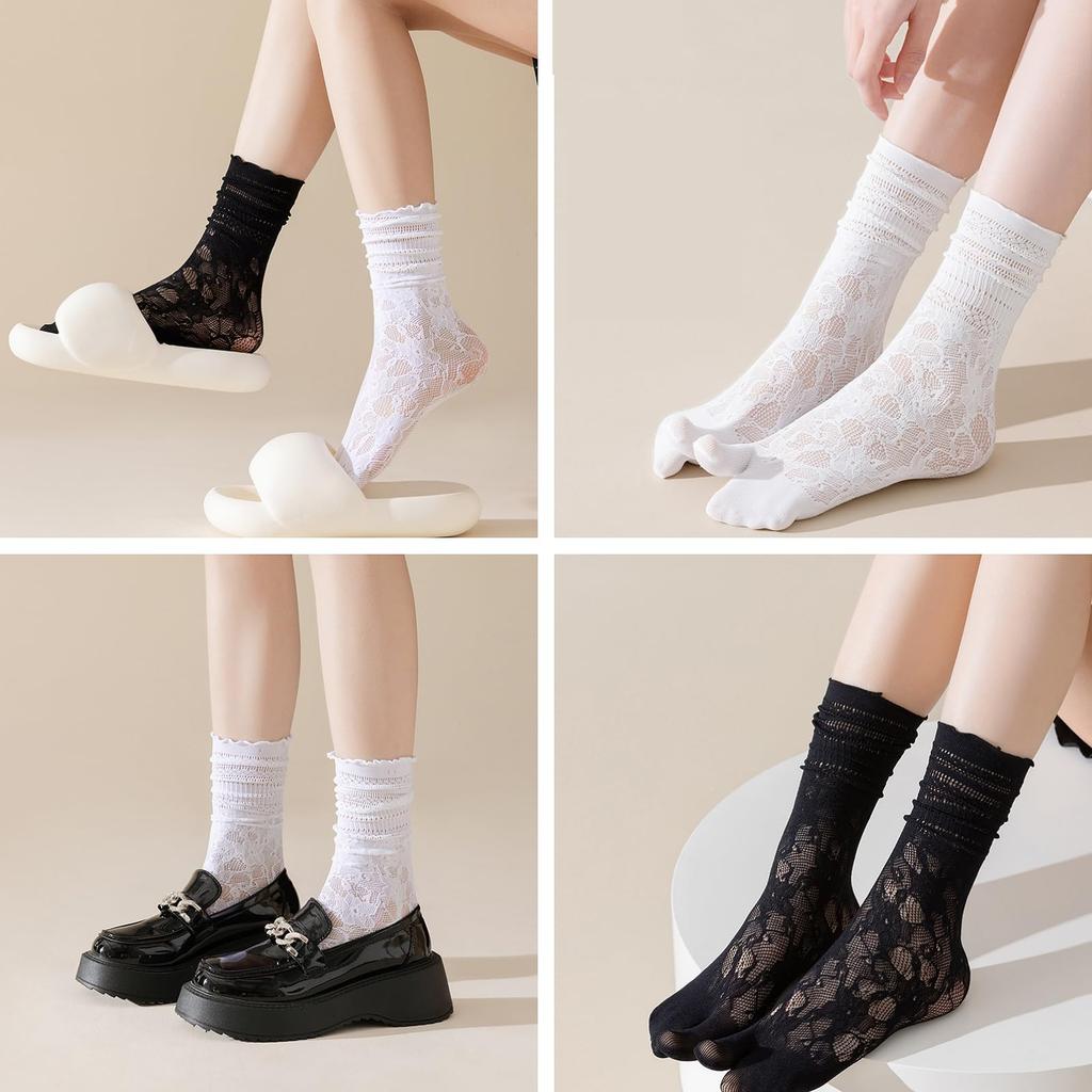 RuiChy Lace Tabi Crew Cute Transparent One Size Fits Perfect for Summer Commuting and School Women's Socks, 3-Pair Set, Two-Toe Socks, Embroidery,