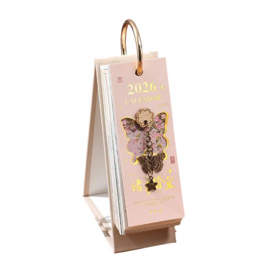 2026 Vintage European Style Oil Painting Flip Calendar January-December Desk Planner with Butterfly Pendant Desktop Monthly Organizer for Home Office