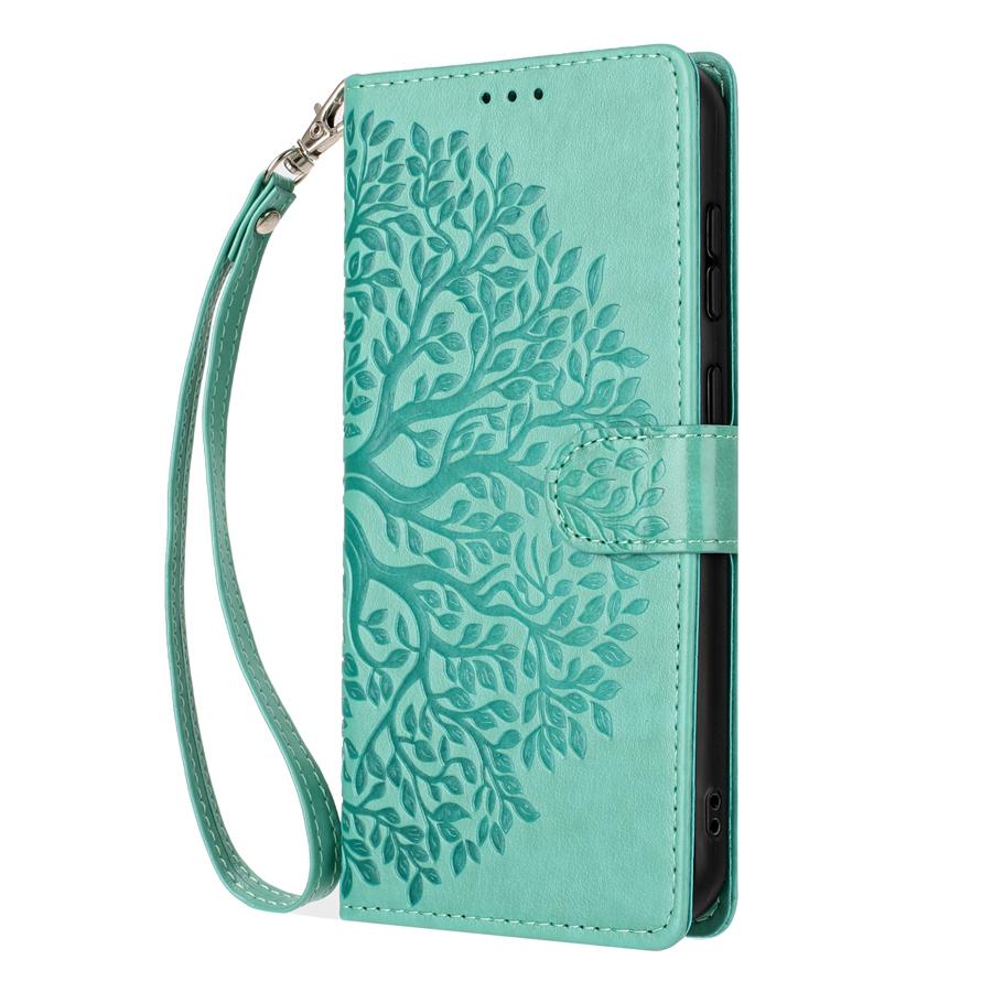 Embossed Tree Wristband Phone Case for Samsung S25 S24 S23 S22 S21 A56 A55 A54 A53 PU Leather Card Slots Wallet Case for iPhone 17 16 15 14 13 12 11