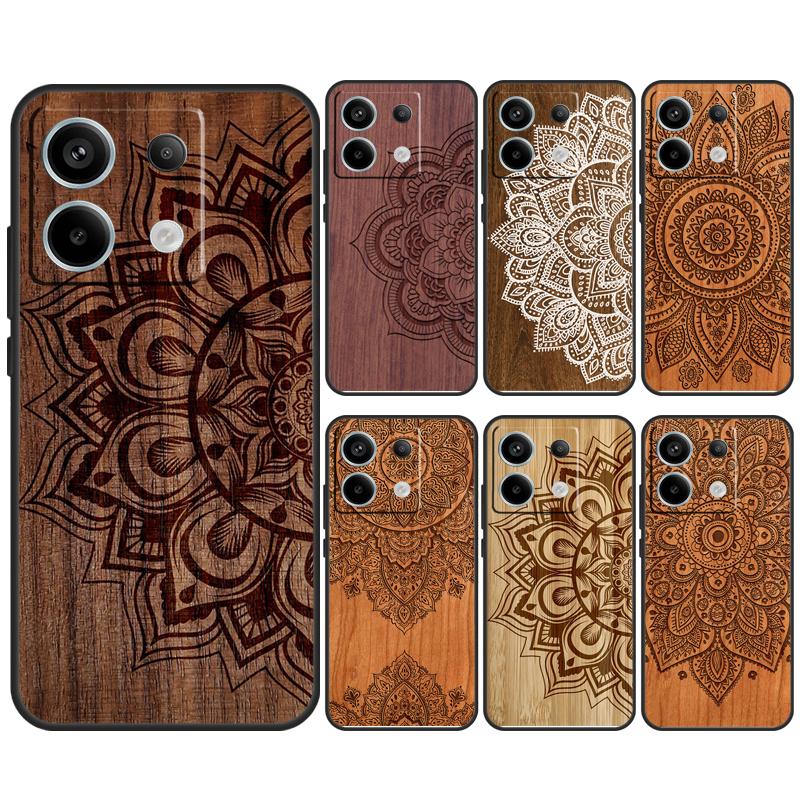 Mandala Floral Wood Case for Xiaomi Redmi 13C 12C 10C 10A 9C Note 12 13 10 8 9 11 Pro 12S 10S 11S Phone Cover