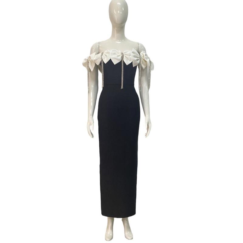 New Rhinestone Fringed Tube Top Dress Design Party Dinner Bandage Dress Bow Sexy Dress