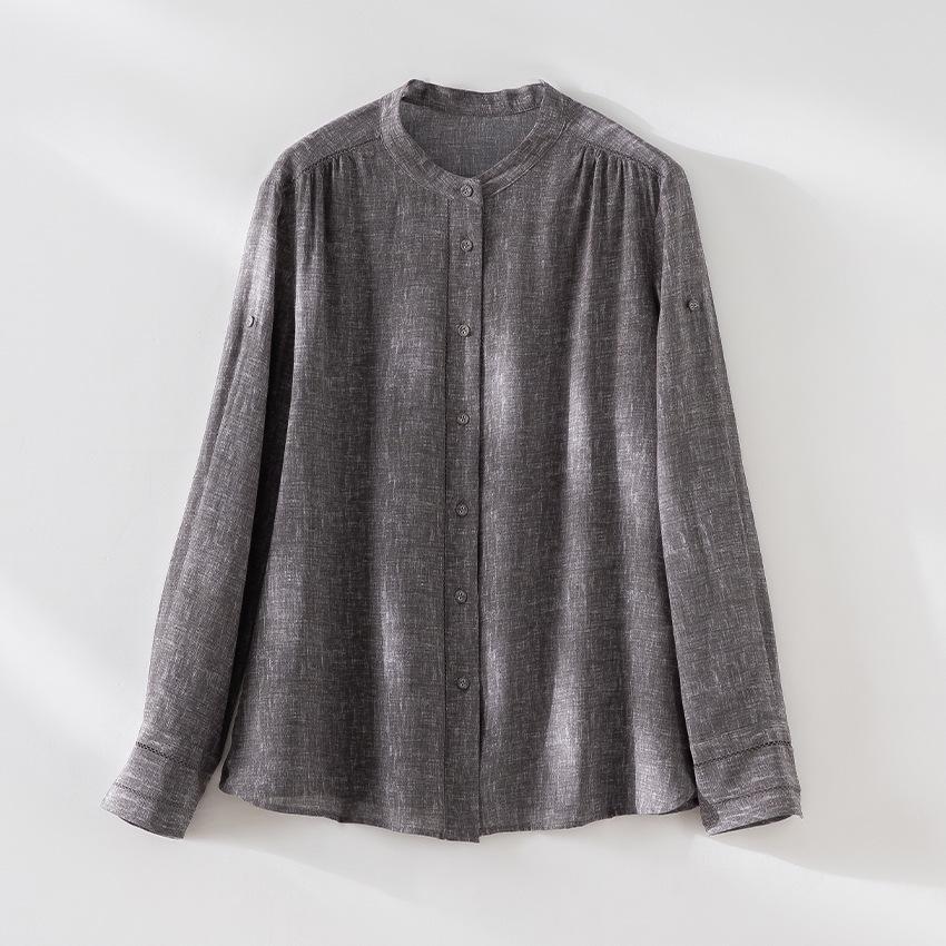 

Women s 14 Momme Silk Crepe Blouse, Hollow Long Sleeve, Single-Breasted, Loose Fit, Slimming, Stand Collar - New for Spring 26. Large