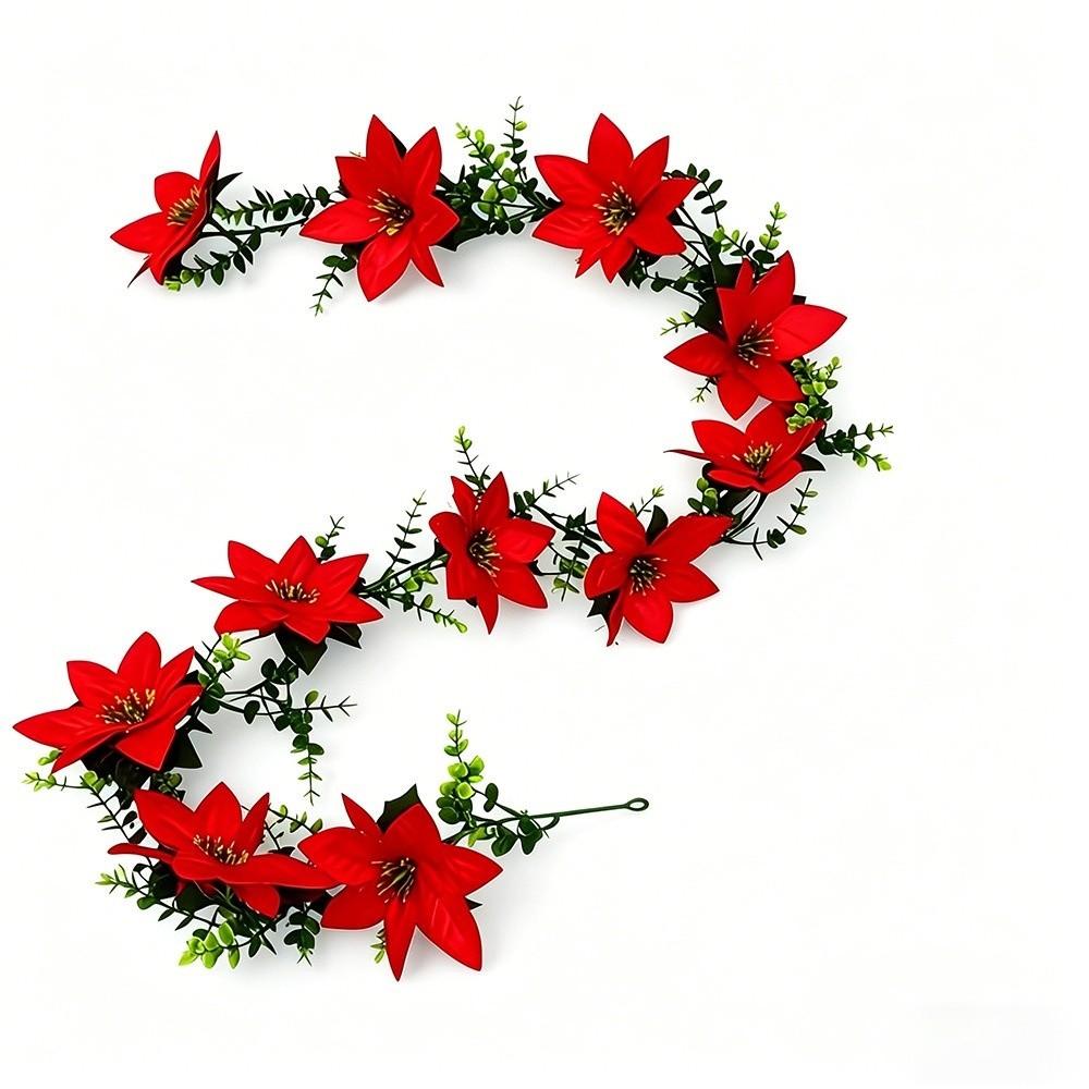 Fashion Realistic Christmas Garland Decoration Soft Large Red Artificial Flowers Convenient Elegant Poinsettia Vine Living Room