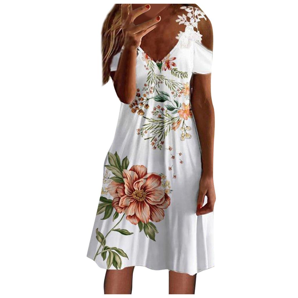 Women's Printed V-Neck Strapless Short Sleeve Spliced Lace Dress