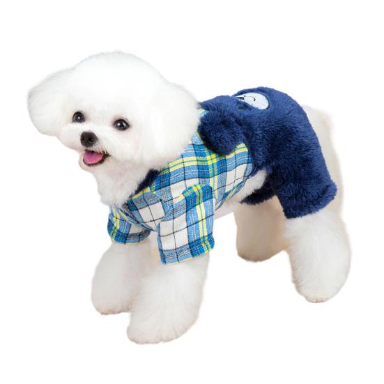 jijijing Fuzzy Bear Dog Jumpsuit, Cute Plaid Outfit, Warm 4-Legged Apparel, Plush Lined Cozy Onesie Clothes for Small Autumn Winter