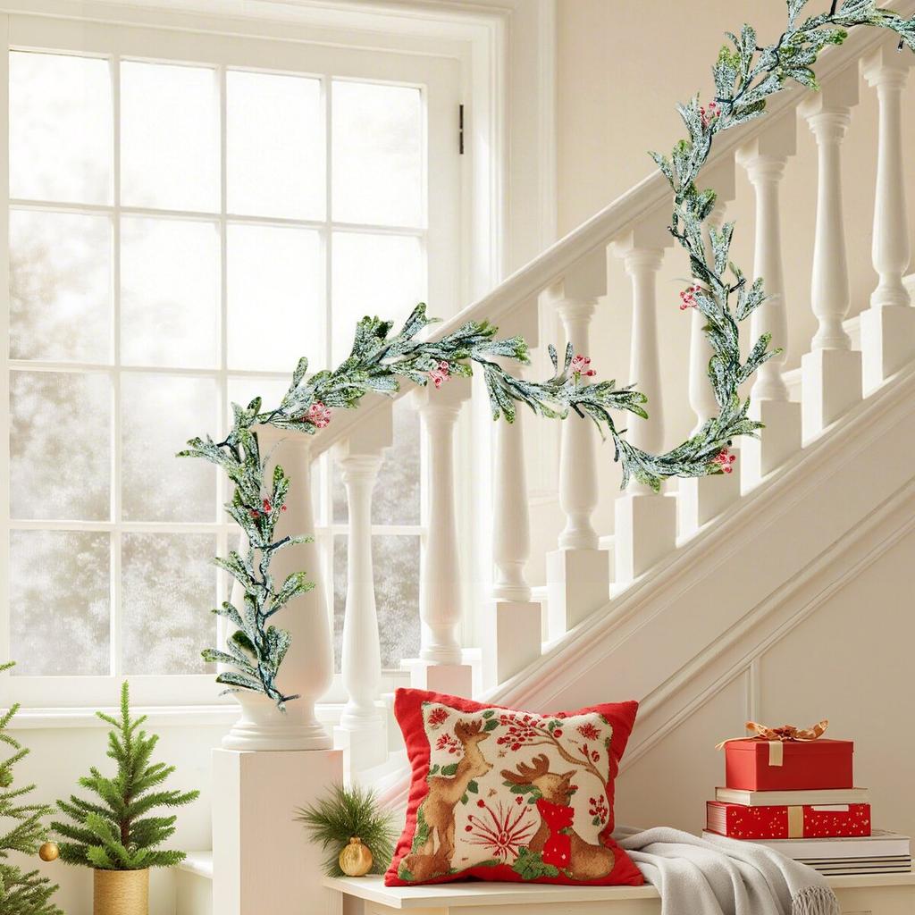Christmas Garland, 2011 Mm Realistic Greenery Decorated with Vines, Olive Leaves, and Berries, Evergreen Faux Garlands with Light String for Indoor