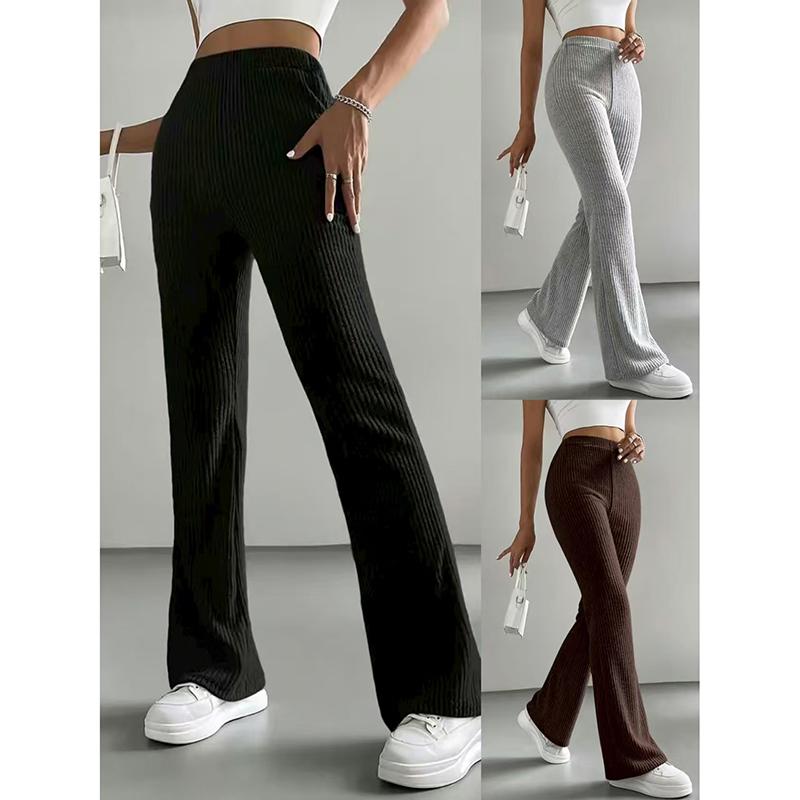 Slim Fit Knitted Pure Color Ribbed Micro Flared Pants Fashionable Casual Trousers for Women Autumn Winter Seasonal Long Pants