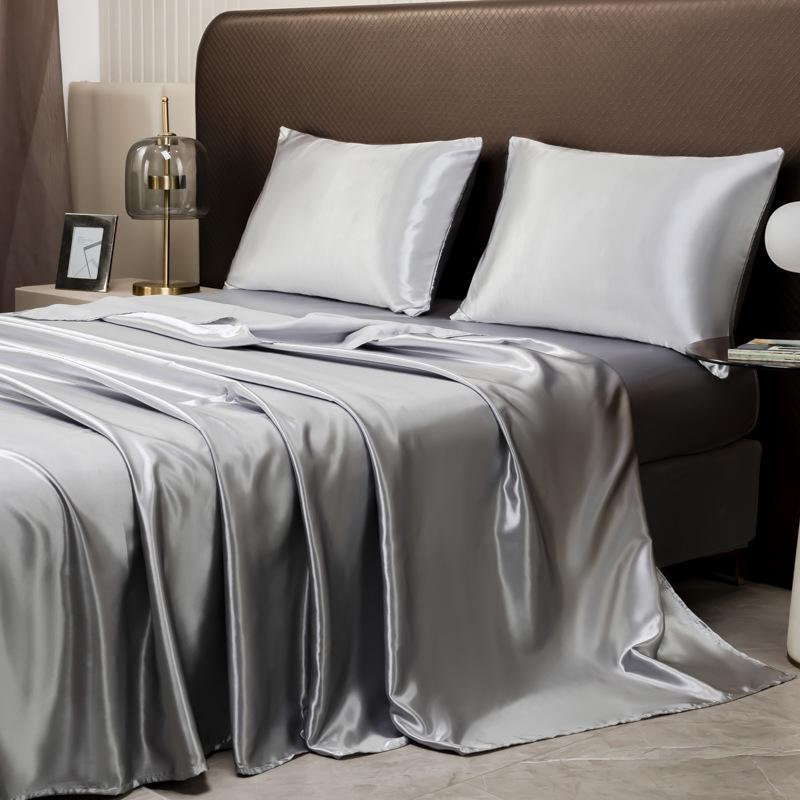 Satin-Feel Solid Color Four-Piece Bedding Set: Bed Sheet, Fitted Sheet, and Pillowcases (European & American Style)