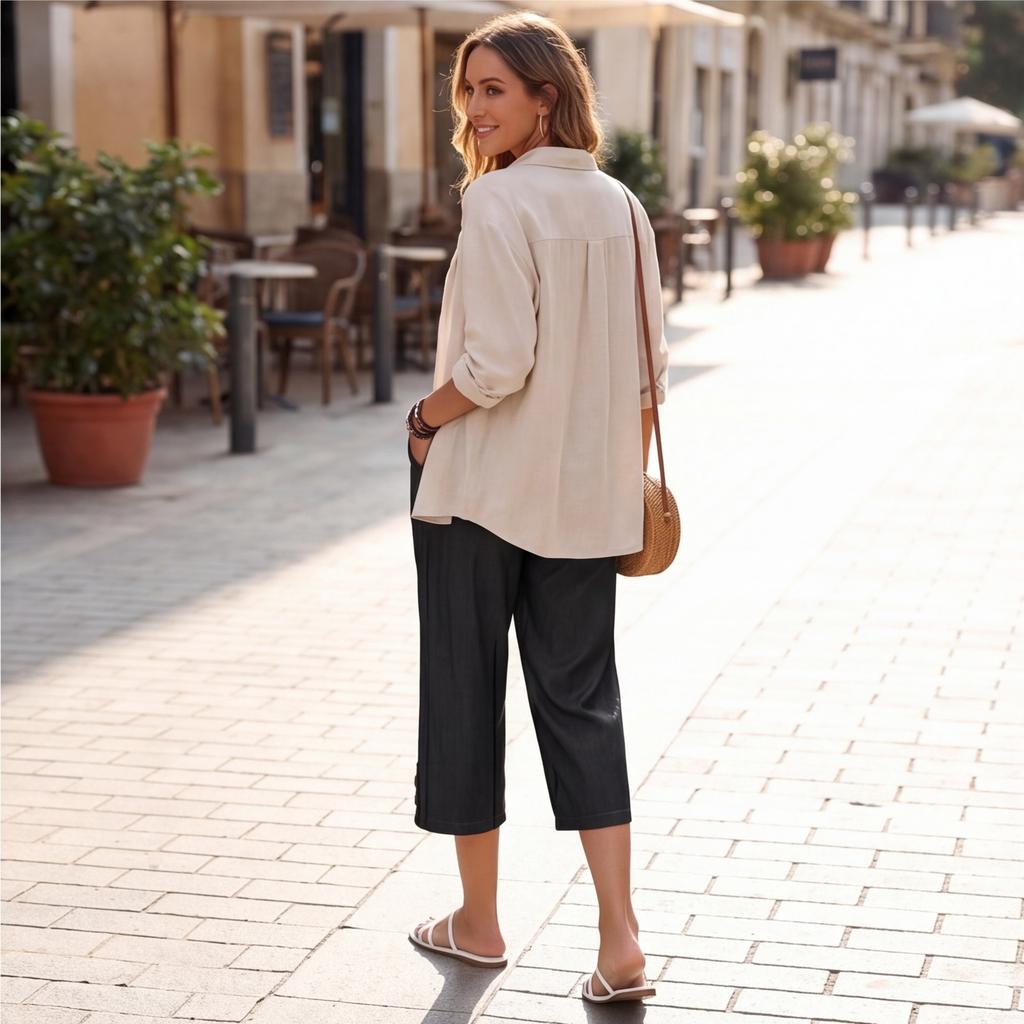 Women Drawstring Waist Loose Fit Cropped Pants with Pockets Casual Straight Leg Seven Eighths Length Trousers for Daily Wear