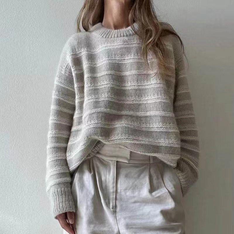

Fashion Style New Arrival Fashion Stripes round Neck Thick Needle Long Sleeves Sweater Crew Neck Striped Sweater Grey L