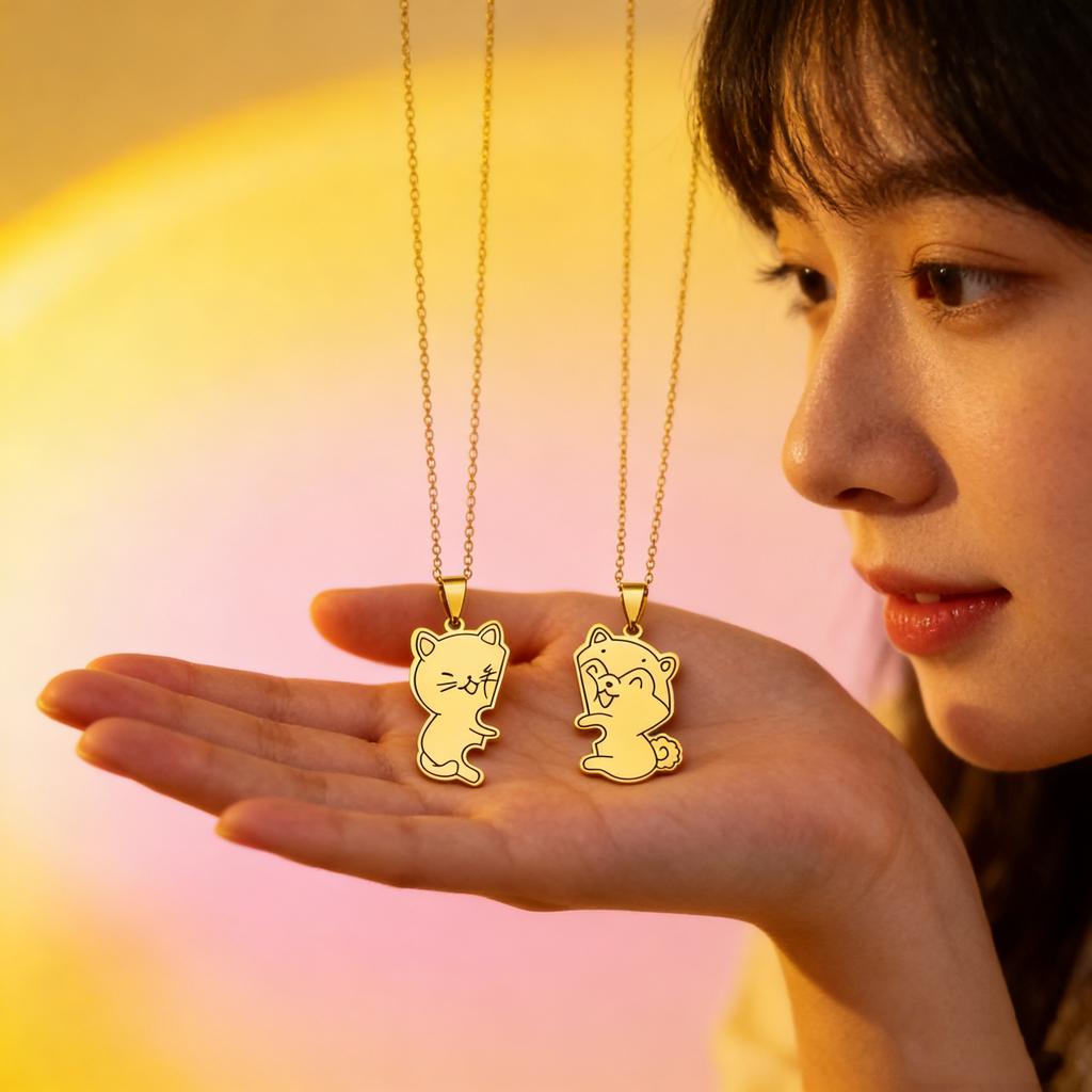 2Pcs Cat Face To Bear Pendant Necklace Women Men Couple Stainless Steel Gold Color Love Friendship Bff Chain Jewelry Set Gifts
